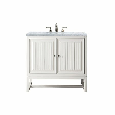 JAMES MARTIN VANITIES Athens 36in Single Vanity, Glossy White w/ 3 CM Carrara White Top E645-V36-GW-3CAR